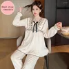 Vêtements maison Lace Edge Pure Coton Jacquard Pyjamas pour femmes au printemps et automne 2024 Sweet avec poitrine PLUS PLUS TIME 2 pièces