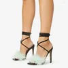 Sandals Women Summer Footwear Black Rhinestone Strappy High Heel With Faux Feather Decor