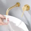 Bathroom Sink Faucets Brushed Gold Solid Brass Wall Mounted Basin Faucet Mixer Tap And Cold 360 Degree Rotation Spout High Quality