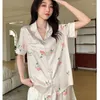Home Clothing Faux Silk Women's Flower Pajamas Set Button Down Top & Shorts 2 Pieces Satin Nightwear Loungewear For Summer Sleepwear Korea