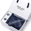 Neckkrawatte Set 2023 Neues Design Krawatte für Männer Seidenkrawatte Taschentuch Cufflink Set Krawatte Box Blue Plaid Hochzeitszubehör Vatertag Geschenk