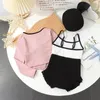 3PCSset Kids Swimwear para meninas coreano Fashion Bow Toddler Swimsuith Buíte preto cor de banho rosa Chapéu de banho verão Crianças de praia Roupos de praia 240511