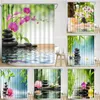 Duschvorhänge Zen Vorhang mit grünem Bambus River Lotus Blume Stone Candle Spa Landschaft Botanische Blätter gedruckte Badezimmerdekoration