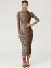 Casual Dresses Habbris Sexy Long Sleeve Tiger Print Dress Party Evening For Women 2024 Striped Fashion Maxi Bodycon Booty