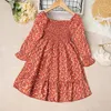 Vestidos femininos vestidos crianças meninas 4-7 anos de manga floral de floral vermelho para o pequeno estilo coreano Casual Facation Pastoral