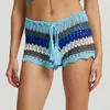 Frauen Shorts Frauen häkeln Hohlkörper Sarongs Kontrast Streifen durchsichtige Strand Strand Sommer Bikini-Böden bedecken Schwimmstämme