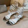 Snake Wrapped Sandals Summer Low Heel 2024 Line with Fashion Flat Glass Shoes Banquet Wedding 240425