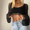 Femmes Mesh Crochet Crop Top à manches longues Hollow Out Cropped Treaf Place Bikini Beach Voir à travers les couvercles 2405113