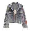 Spring Autumn Women Street Fashion Graffiti Denim Jacket Female Personality Short Raw Cut Rivet Fringe Jean Coat 240423