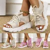Sandaler mesh kvinnor sommarskor för trend snörning plattform öppen tå strand casual klackade sandalier de mujer