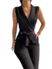 Kvinnors ärmlös jumpsuit fast färg övergripande bodysuitkläder kontorsstil v-ringning snörning jumpsuits höga midjebälte byxor 240511