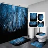 Duschgardiner natt Sky Forest Galaxy Tall Tree Blue Starry Black Theme Curtain 4 bitar med badmatta och sätter badrumsdekor