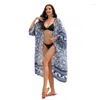 Femmes Summer à manches longues Kimono Couvre de maillot de bain Vintage Fleur ouverte Front Lot Cardigans Châle Robe de plage avec ceinture