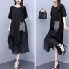 Casual Dresses Women Short Sleeve Long Dress Stylish Plus Size Mesh Patchwork Midi For Summer Round Neck Chubby Lady Pendut