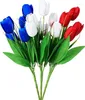 Flores decorativas 3pcs tulipas artificiais vermelhas azuis brancos de tulipa de seda de seda bouquets para 2024 Decoração de partido de patriotismo do Dia da Independência