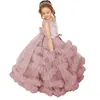 new Ball Gown Flower Girls Dresses Beaded 3D Floral Appliques Princess Pageant Gowns Kids Tulle Formal Party Dress Ball Gown Child Party Juniorbridesmaid prom Dress