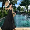 Vestidos informales Bohemian Holiday Beach White Long Dress Elegant Women V Neck Spaghetti Strap Ruffles Hollow Out Chiffon Backless Summer Batter