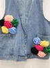 Versons pour femmes Denim Waistco Ver-Neck sans manches épissées fleurs colorées grandes poches volutières volutières 2024 Fashion d'été 29L7477