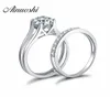 Aneenhi 925 Sterling Silver 4 Prongs Engagement Anneaux de mariée SETA Round Cut Wedding Anniversary Silver Bridal Ring Set Y20014636001