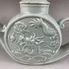 Decorative Figurines Chinese Qing Qianlong Celadon Porcelain Carved Dragon Teapot Wine Pot 8.66 Inch