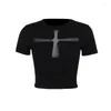 Dames t shirts y2k goth cross-kant zie door korte mouw t-shirts vintage sexy zwart korset crop tops dames zomer slanke tees mode