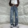 Baggy Flower Jeans Mens Fashionable Ultra-Fine Wide Leg Jeans Mens Street Clothing Hip-Hop Loose Straight Denim Pants Mens Byxor S-XL 240430