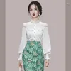 Work Dresses Fashion Office Two Piece Suit For Women Chic Lace Beading Stand Collar White Blouse Shirt Top Flower Print Pencil Skirt Set