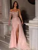 Sukienki imprezowe różowy wieczór jeden z długim rękawem aplikacje z koralikami koronkowe błyszczące cekiny długość podłogi gwiazd