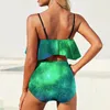 Swimwwear Women Sexy Green Galaxy Bikini maillot de bain coloré imprimé haut de taille haut ensemble de plages à volants