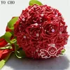 Decorative Flowers Red Wedding Bouquet Bead Rose Bride Wholesale With Green Ribbon Bridesmaid