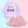 Kläder set flickor 2-stycken tutu skid set frukt citron/jordgubb kort ärm t-shirt+pettiskirt set sommar födelsedagsfest klänning setl2405