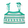 Women's Tanks Tie Strap Crop Top Beach Vacation Women Crochet Knit Striped 3D Floral Cami Vest