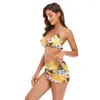 Frauen Badebekleidung Blatt Druck 3 Stück Bikinis Set mit Deck -Rock Badeanzug Traingle Halfter Badeanzug 2024 Frauen