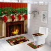 Rideaux de douche 4pcs set Noël décor de salle de bain rideau de douche tissu tissu de botte de Noël rouge de la veille de Noël rideau de salle de bain anti-glissement