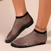 Casual Shoes 2024 Women's Luxury Water Diamond Flat Bottom Sandals Fashion Hollow Out Round Toe Short Boots Mesh Sexy Party Femme