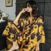 Home Clothing Satin Silk Pajamas For Women 2 Pieces Set Spring Autumn Loungewear Abstract Printed Gold Black Sleepwear Can Be Worn Outside