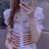 Женские трикотаж корейский шикарный сладкий свитер топы женские женские полосатые кардиган летний пузырьковый рукав вязаные футболки женская мода