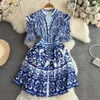 Jamerary Runway Red Blue White Porcelain Floral Mini Dress Women Short Sleeve Single Breasted Vintage Holiday Robe Party Vestido 240510