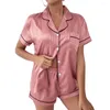 Frauen Nachtwäsche Zwei Sätze Nachahmung Seidenpyjamas Hauskleidung Turndown Kragen Pyjama Pour Femme Dessous Button T-Shirt Elastic Taille