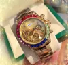 Paar hiphop ijs uit mannen ontwerper Watch Day Date Time Quartz Batterijbeweging kleurrijke diamanten ring roestvrijstalen band klok Europees topmerk horloges geschenken
