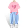 Roupas conjuntos de verão garotas de verão Novo desenho animado Rainbow Clothing Conjunto de camisetas de mangas curtas de algodão e calças de 2 peças Conjunto de moda 3-14yl2405L2405