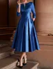 Runway Dresses Elegant A-Line womens cocktail dress minimalist formal occasion dress 3/4 long sleeves tea length solid satin pleatsL2405