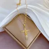 Pendant Necklaces Fashion shining artificial gemstone cross micro mosaic necklace ladies transfer beads ins collarbone chain pendant gift