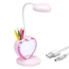 Table Lamps Press LED Desk Lamp With USB Charging Port And Pen/Phone Holder Rechargeable Study For Teens Pink