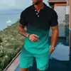 Tracksuits voor heren zomerheren 3D geprinte kleurgradiënt poloshirt+shorts tweedelig zachte en modieuze casual trackset Q2405010