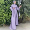 エスニック服サテンアバヤドレスイスラム教徒の女性ソリッドカラーラップフロントロングスリーブベルトマキシサマードバイタークマッドウェア