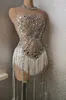 Casual Dresses Folk Dance Show Rhinestones Sequins Fringes Leotard For Women Sexy Mesh Transparent Performance Costume