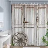 Rustik çiftlik ahşap kapı duş perdeleri ahır tekerlek yeşil bitki gri tahta perdesi polyester bez banyo dekor kanca ile 240512