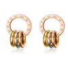 Womens Rose Gold Stainless Steel 3 Rings Roman Numerals Dangle Drop Stud Piercing Earrings7614517