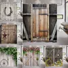 シャワーカーテンヴィンテージウッドパネルカーテン素朴な納屋ドアファームフローハウスポリエステルファブリックバスルームの装飾フック付き